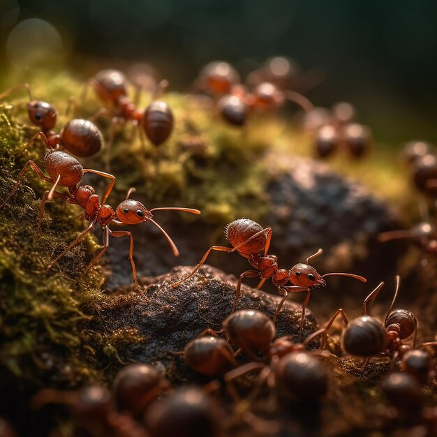 A group of ants are walking on a mossy surface