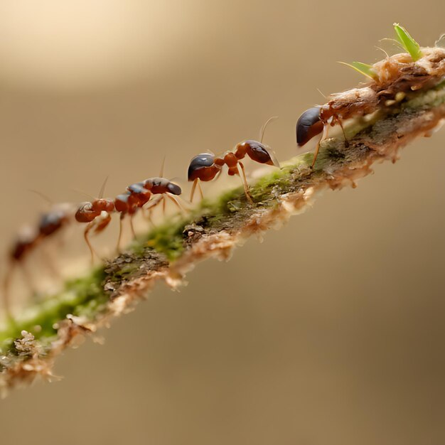 Photo a group of ants are walking on a plant