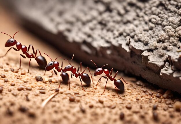 Photo a group of ants are on a wooden surface