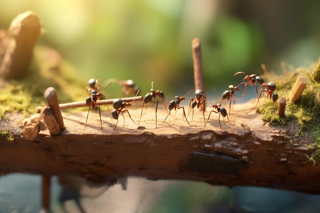 Photo a group of ants on a branch with a green background