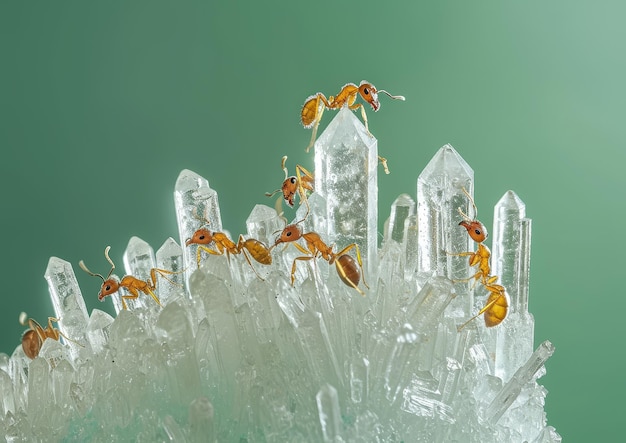 氷の結晶の塊を這うアリの群れ