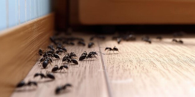 Photo group of ants crawling on wooden floor