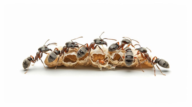 Группа муравьев, питающихся хлебом