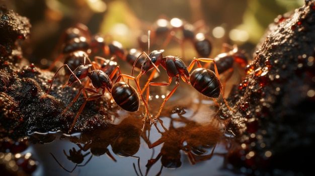 A Group of Ants on a Moss Covered Log