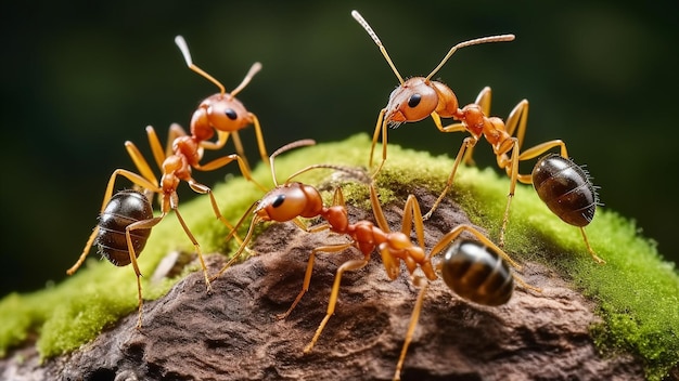 A group of ants standing on top of a rock a macro image of ants Generative AI