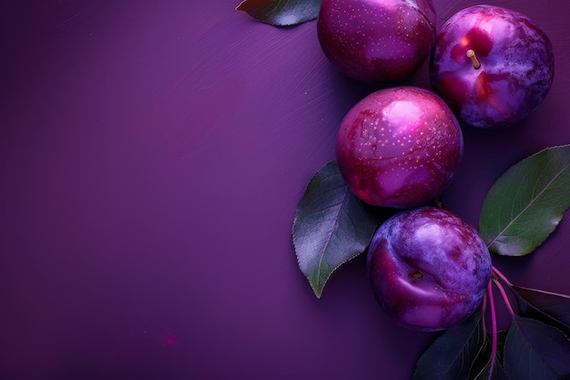 Photo group of apples with leaves on purple background