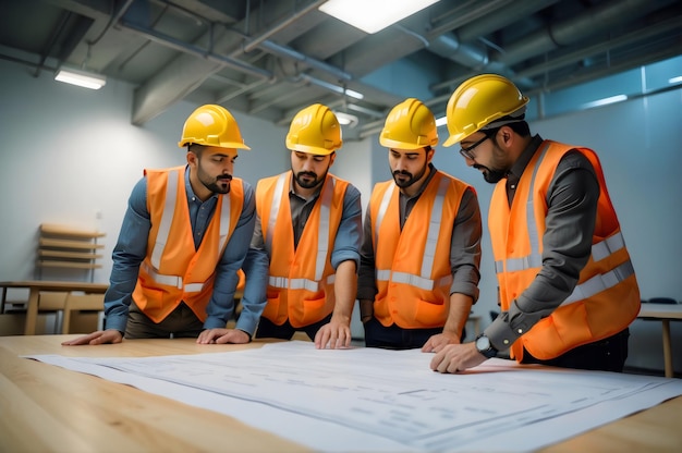 Photo a group of architects points to blueprints and gives a briefing about the project they are working