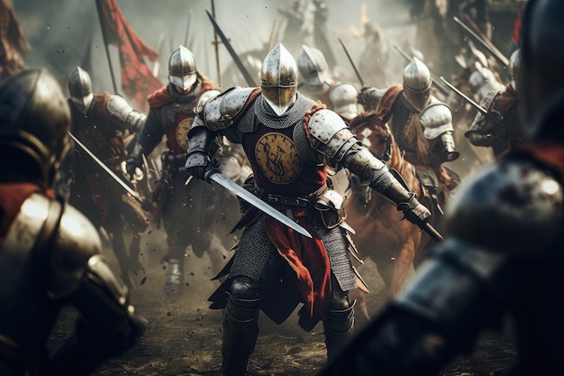 A group of armored men on powerful horses charging fearlessly towards the battlefield ready to engage in combat Medieval knights charging towards each other on a battle field AI Generated