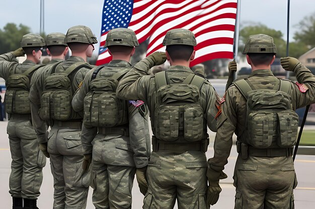 Group of army men saluting American flag