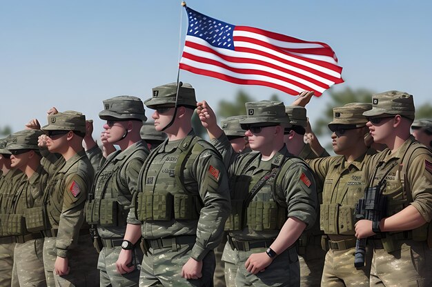 Group of army men saluting American flag