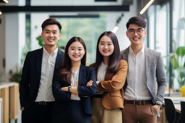 Group of Asian business team standing with arms crossed in modern office