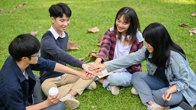 A group of Asian college students sitting in the park putting their hands together cheering up