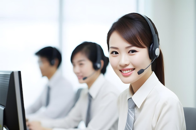 アジア人の顧客サービススタッフのグループがオフィスの背景に笑顔を浮かべています
