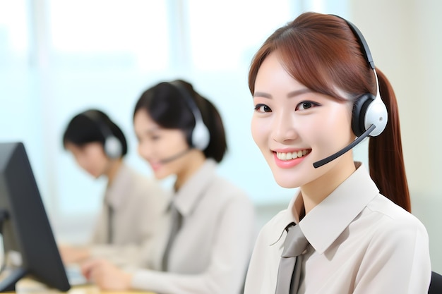 A group of asian customer service worker office background smile