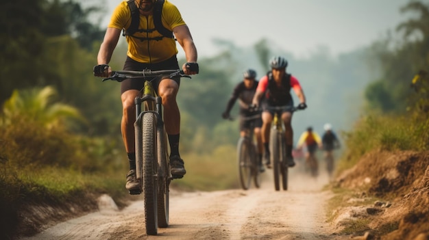 Group of Asian cyclists they cycle through rural and forest roads