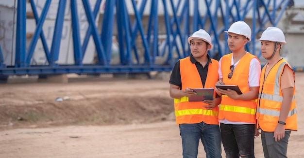 Group of asian engineers discuss about work at site of building under constructionThe contractor team discusses the design of the structureThree workers are working outside