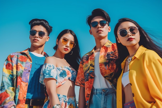 group of asian fashion models posing against blue clouds background wearing summer clothes