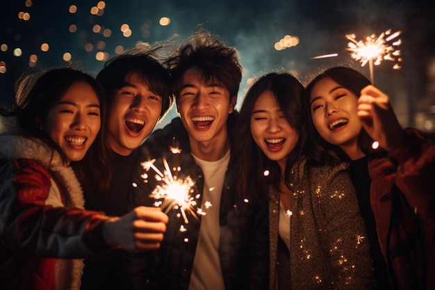 Photo group of asian friends enjoying fireworks during festival