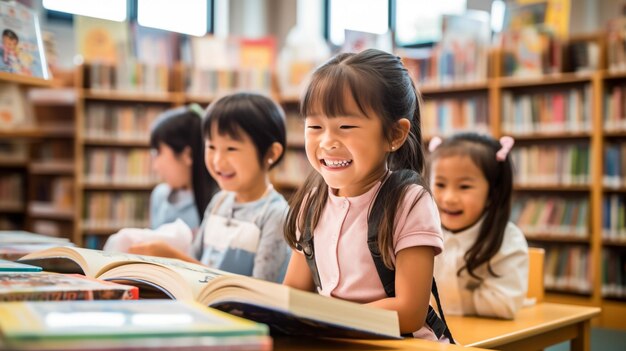 A group of asian kids reading book in school library with a shelf of book in background asian kid education concept