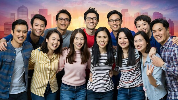 Photo group of asian male and female friends posing together