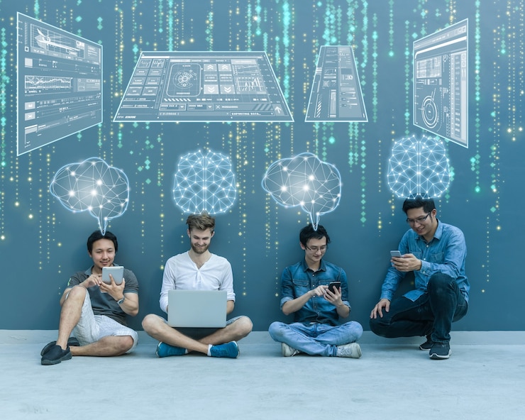 Photo group of asian and multiethnic business people working with brain and virtual screen