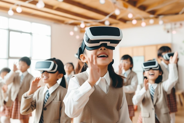 Group of Asian school kids wearing virtual reality goggles at school