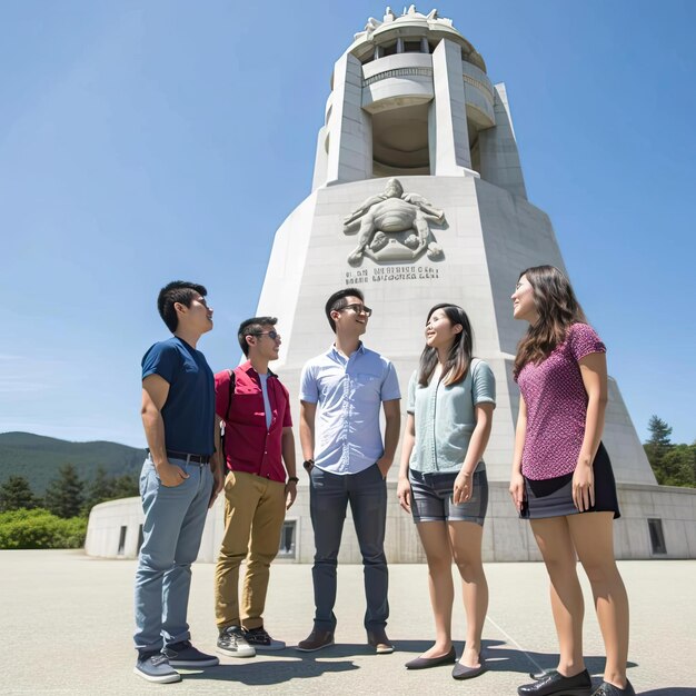 Group of Asian tourists standing in front of a monument