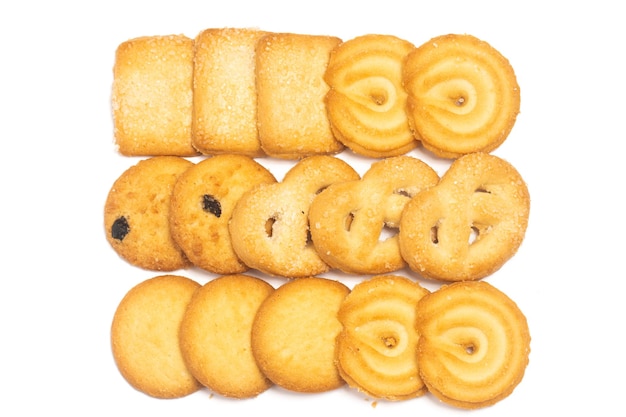 Photo group of assorted of danish butter cookies top view isolated on white background clipping path