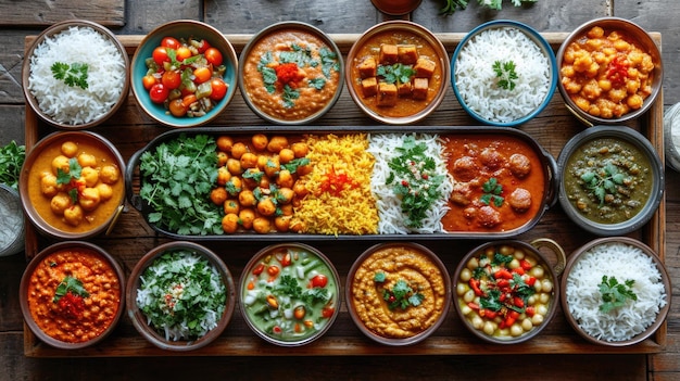 Photo group of assorted indian food in wooden bowls indian food concept