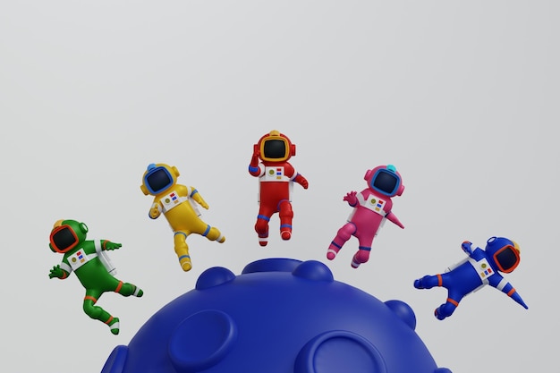 Группа космонавтов, бегущих по Луне, наука, космические приключения, открытие 3D рендеринга
