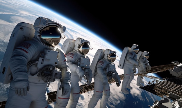 宇宙飛行士のグループが宇宙に並んでいます。