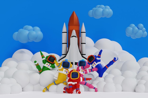 Group of Astronauts posing like superhero team space discovery vertical for mobile 3D render