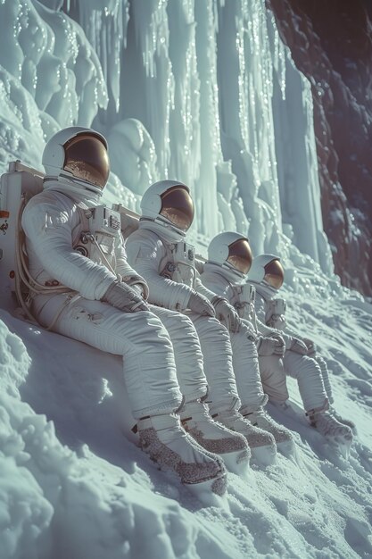 雪の山の上に座っている宇宙飛行士のグループ