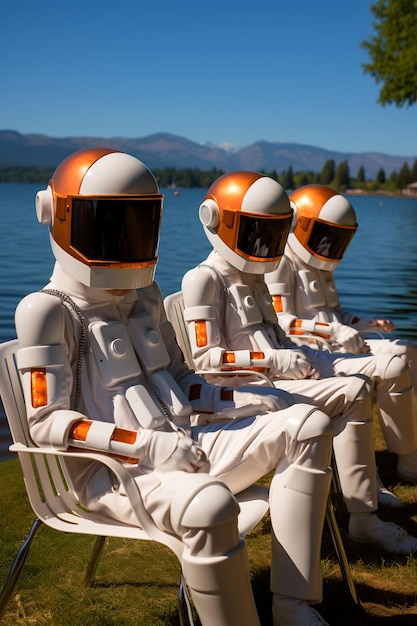 Group of astronauts sitting on top of bench next to body of water generative ai