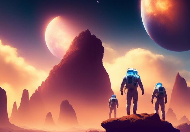宇宙飛行士のグループが、惑星を背景に惑星の前の崖の上に立っています。