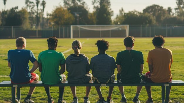 Photo a group of athletes sit on a bench facing away from the camera and gazing out at the green field in