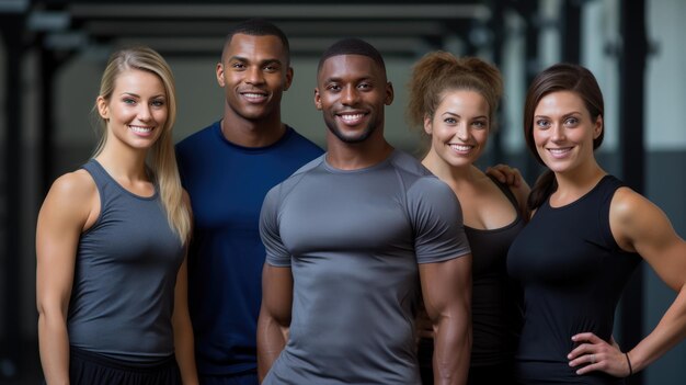 Group of athletic men and women stand together in the background of a gym