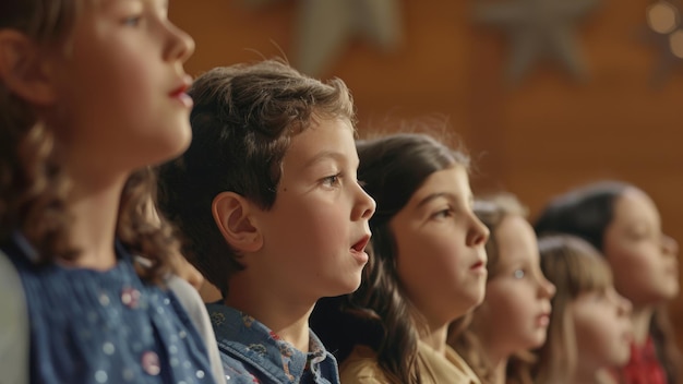 Group of attentive children looking upwards with curiosity and amazement