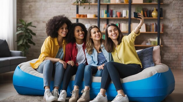 Photo group of attractive friends sitting together on air sofa lamzac taking a selfie