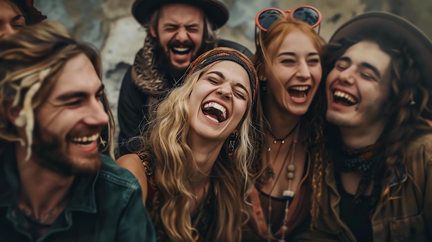 Photo group of attractive young friends laughing and having fun together