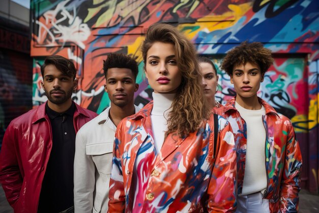 A group of attractive young models in bright fashion clothes stands near graffiti mural wall