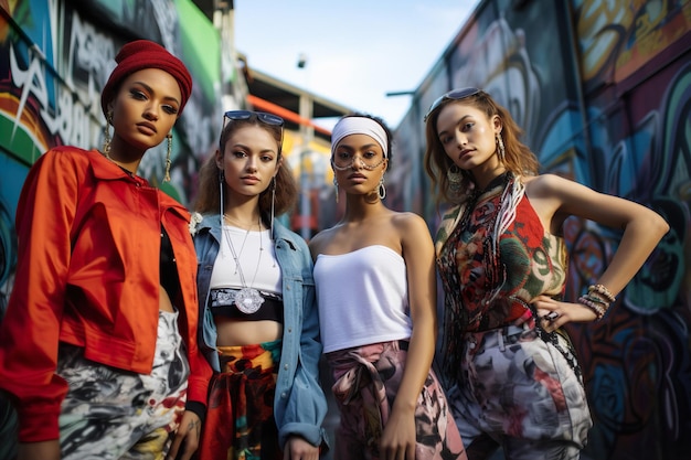 Photo a group of attractive young models in bright fashion clothes stands near graffiti mural wall