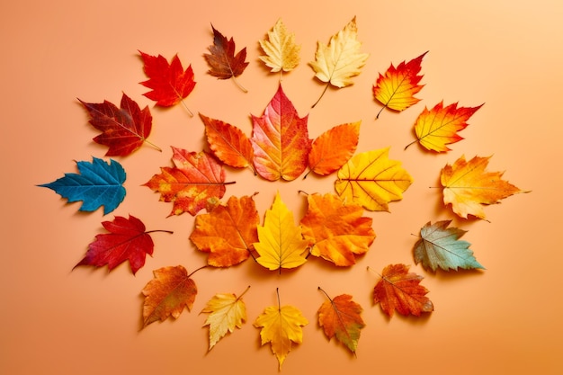 Group of autumn leaves arranged in circle on orange background with pink background Generative AI
