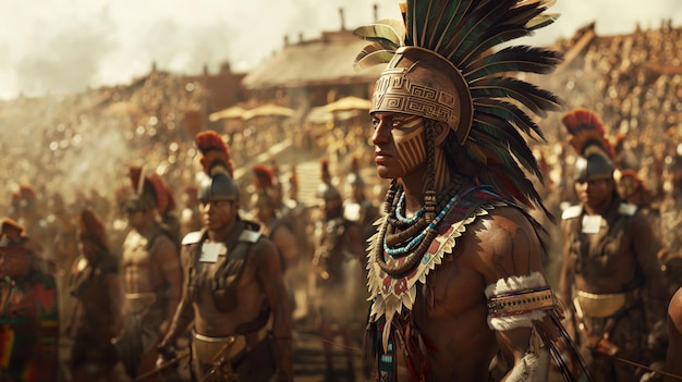 Group of Aztec warriors in traditional attire with elaborate headdresses gathers in a ceremonial place