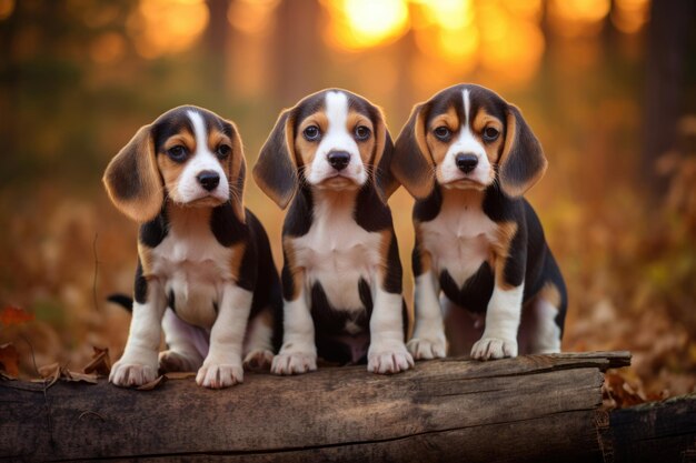 Foto gruppo di cuccioli di beagle all'aperto