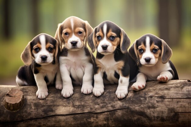 Group of baby beagle dogs outdoors