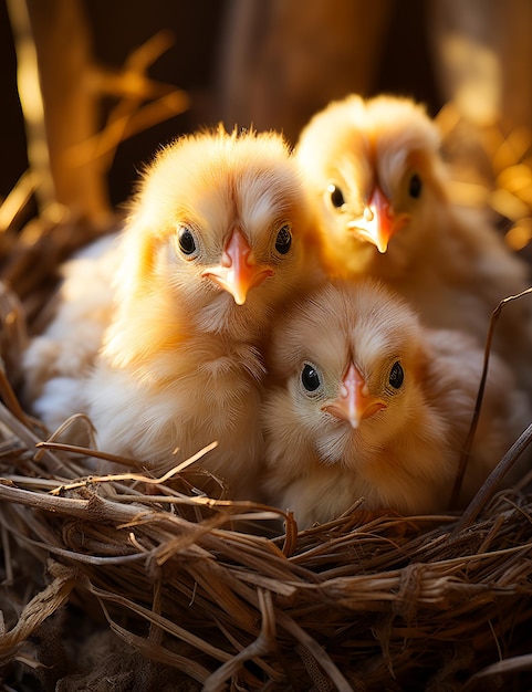 A group of baby chicks sitting in a nest Adorable baby chicks sitting together in a cozy nest