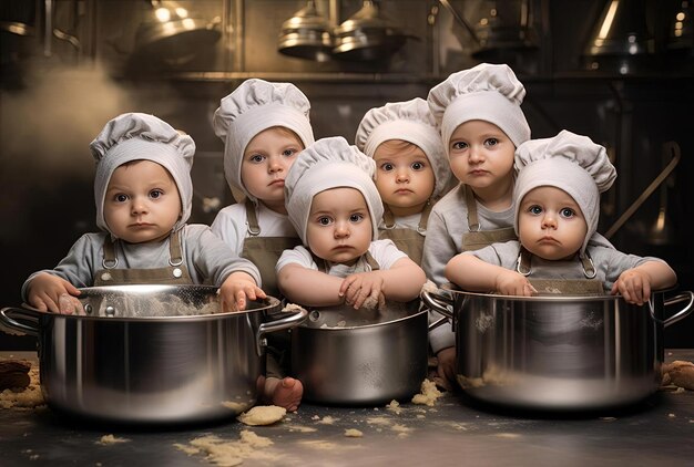 Foto un gruppo di cuochi bambini posa per una foto nello stile di composizioni fotorealistiche