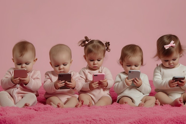 Group of baby girl looking at smartphones on pink background