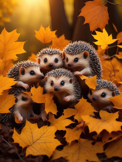 Group of baby hedgehogs climbing and playing in the leaves ai generative